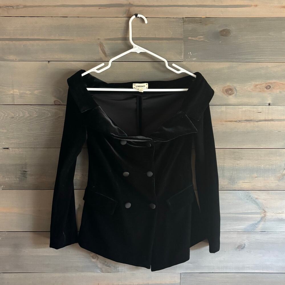 L'AGENCE | Micaela Black Velvet Off-The-Shoulder Blazer Top Size Small
